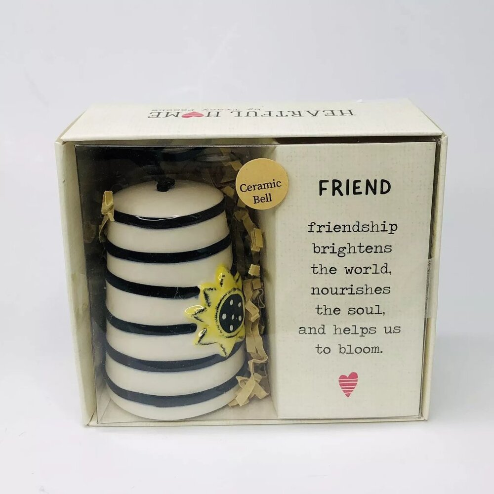 Ceramic White Bell Box Heartful Home Tracy Pesche FRIEND Sunflower Striped Black - Picture 3 of 5